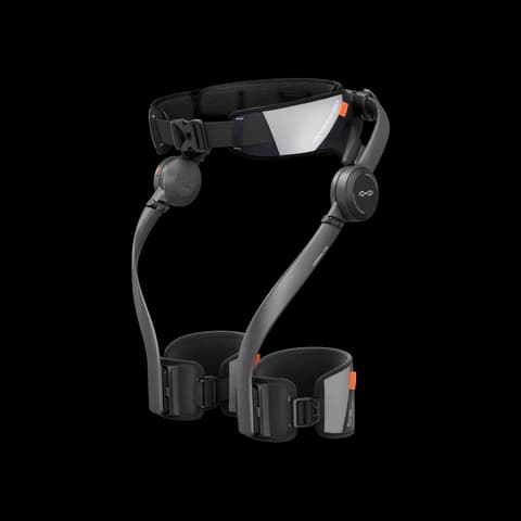 Close-up of a Hypershell X Pro S exoskeleton worn on the hips and thighs